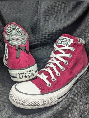 Sporty Berry Chuck Taylor All Star Madison Plaid High tops.